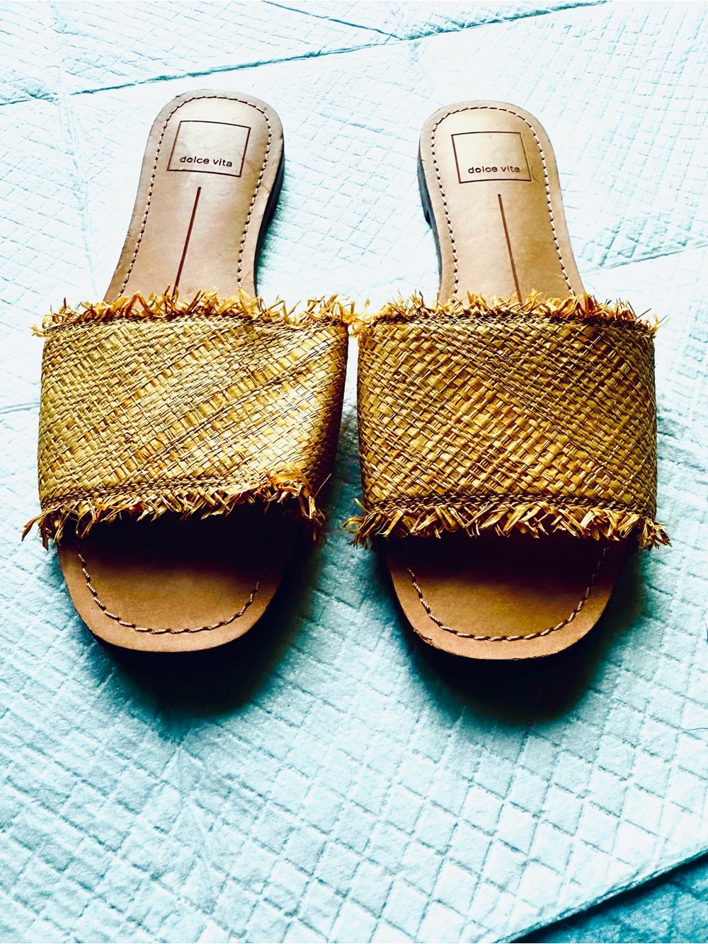 Dolce Vita Tan Straw Fringe Slide Sandals